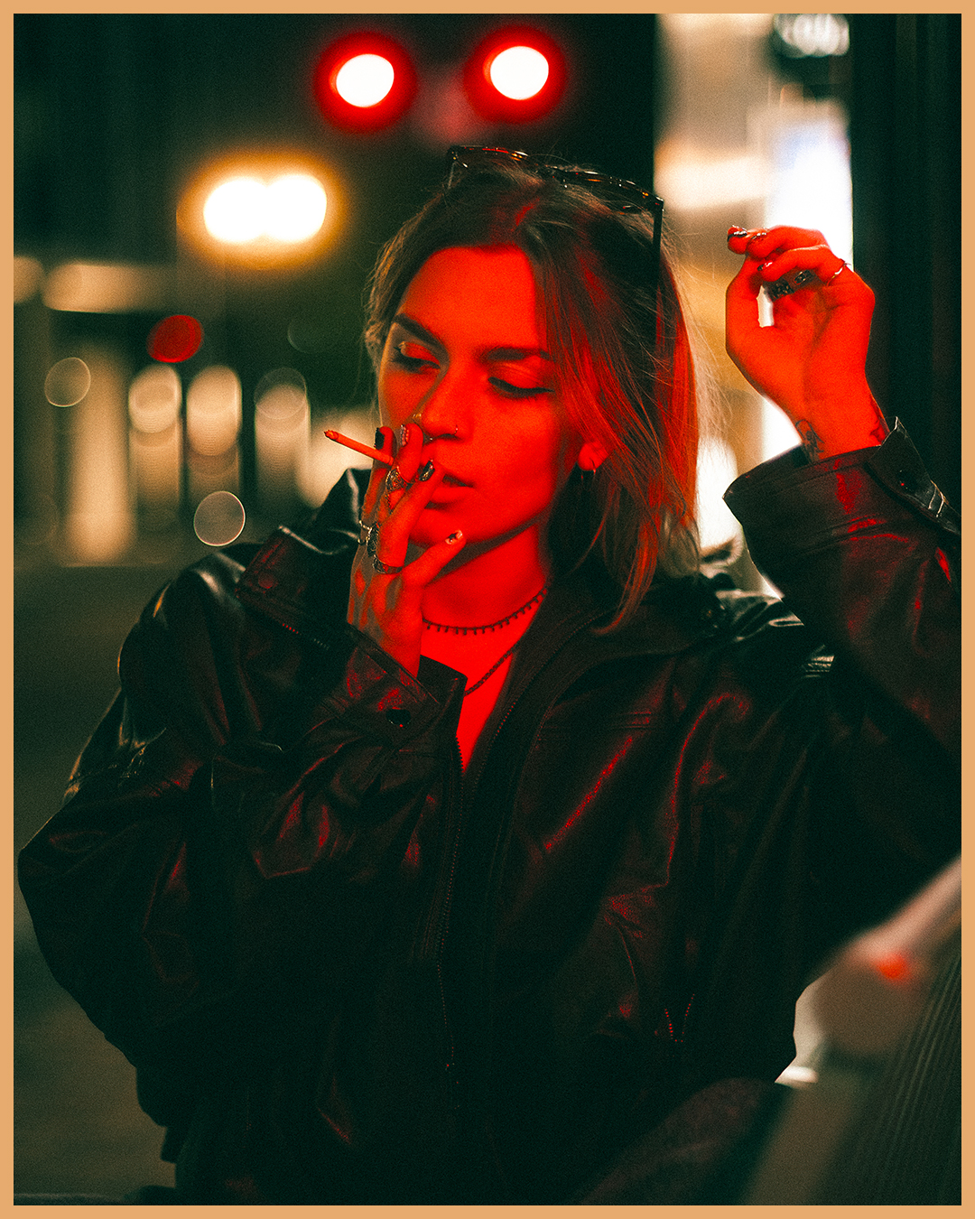 Cinematic Night Portraits in Portland: Red Light, Neon, and Double Exposures — photograph 8 of 20